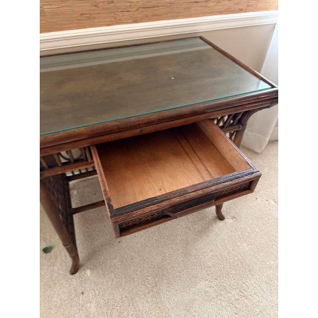 1970s Lewittes Furniture rattan writing desk w/ drawer and glass top, with matching desk chair. Excellent condition....