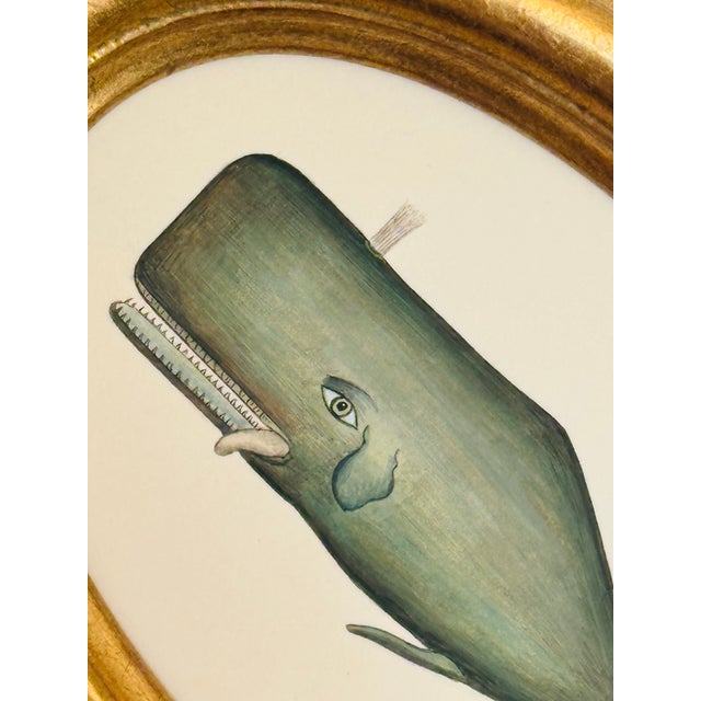 Figurative Original Hand-Painted Whimsical Baby Whale Painting in a Vintage Italian Gold Frame For Sale - Image 3 of 4