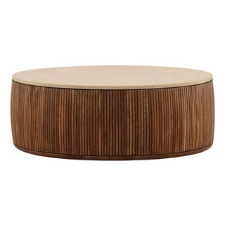 Slatted Teak & Cement Round Coffee Table For Sale
