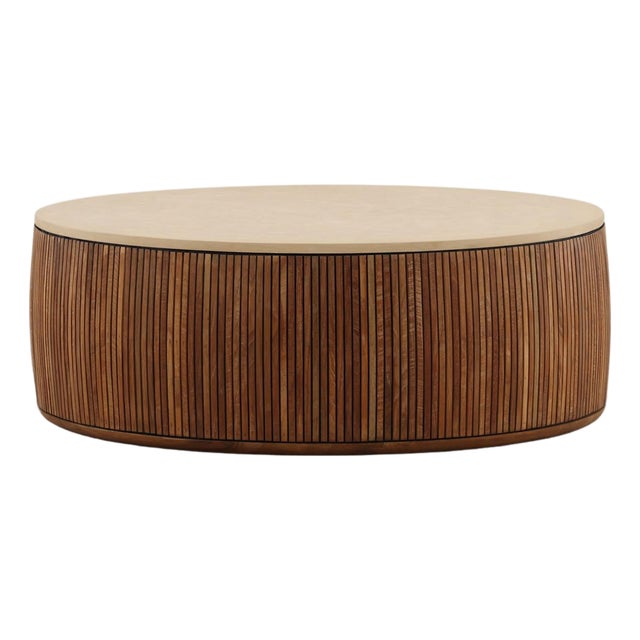 Slatted Teak & Cement Round Coffee Table For Sale
