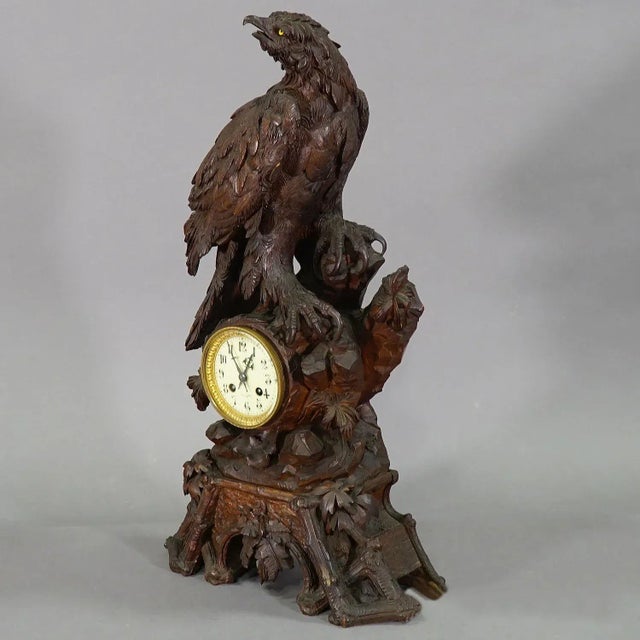 Brown Antique Swiss Wooden Mantel Clock with Eagle, 1900s For Sale - Image 8 of 12