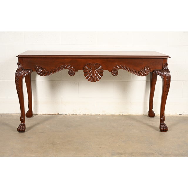 English Baker Furniture Georgian Carved Mahogany Console or Sofa Table, Newly Refinished For Sale - Image 3 of 16