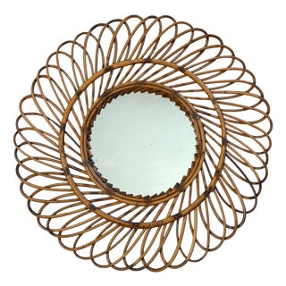 Vintage French Round Rattan Mirror, 1950s For Sale