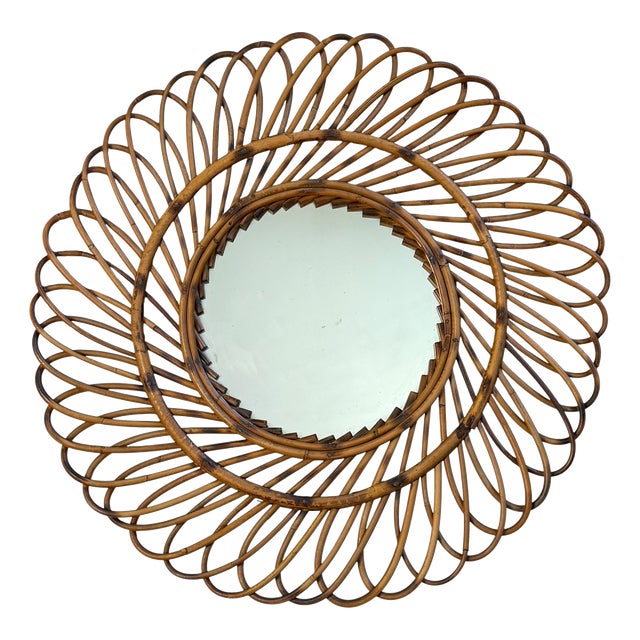 Vintage French Round Rattan Mirror, 1950s For Sale