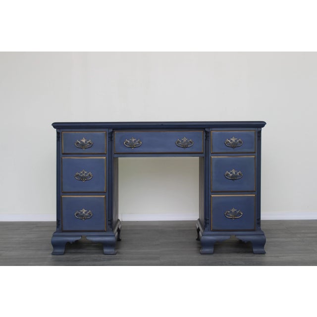 Vintage Georgian Style Blue Desk of Seven Drawers For Sale - Image 4 of 6