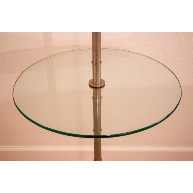 Hollywood Regency Silver chrome bamboo tripod floor lamp with built in cocktail/drinks table and custom black linen shade...