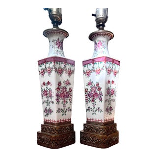 1900 Chinese Vase Lamps Canton Famille Rose Porcelain Late Qing Early Republic - a Pair For Sale