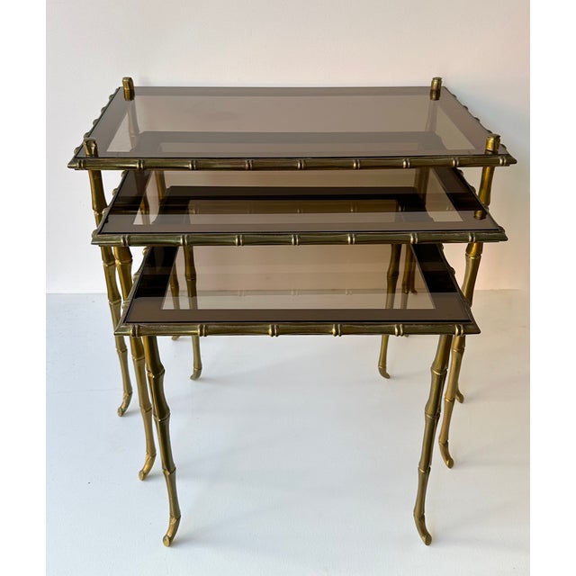 Metal Set of 3 Nesting Tables Bamboo Gilt Bronze by Maison Baguès. France, 1960s For Sale - Image 7 of 12