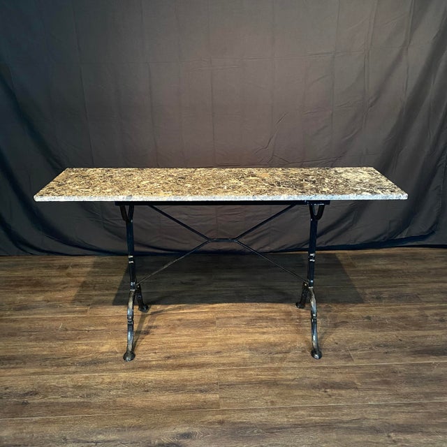 Mid 20th Century French Marble Top Bistro Cafe Console Table or Writing Desk With Iron Base For Sale - Image 4 of 12