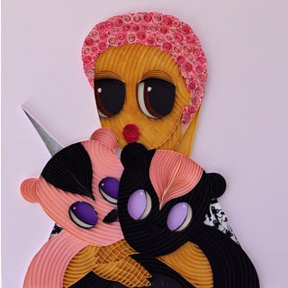 Plushie X by Ayobola Kekere-Ekun | Mixed media Portrait of a person with plush animals For Sale