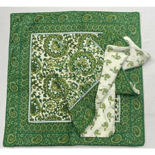 French Pair Vintage French Block Print Cotton Pillow Covers, Green Floral Paisley, Paris For Sale - Image 3 of 6