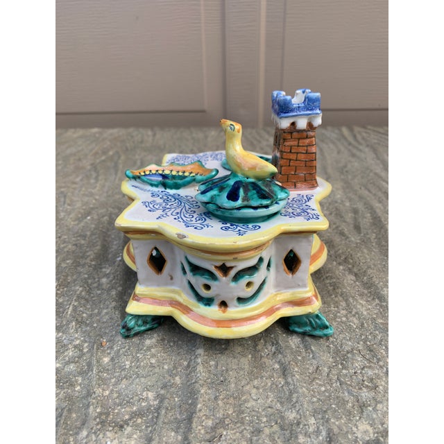 Green Early 20th Century Italian Provincial Deruta Hand Painted Allegorical Faience Inkwell For Sale - Image 8 of 12