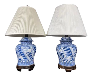 Large Vintage Classic Blue and White Porcelain Ginger Jar Lamps - A Pair