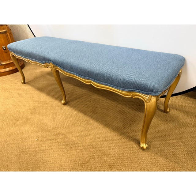 Giltwood Louis XV Style Long Blue Upholstered Bench, Window Seat For Sale - Image 4 of 7