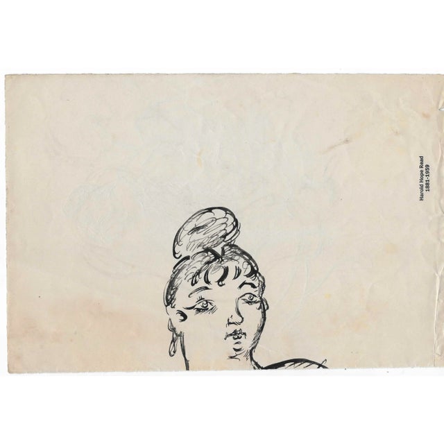 Drawing of a seated woman sewing or knitting by English artist Harold Hope Read (1881-1959). Read's "High Life" series...
