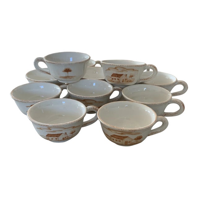 Vietri Bramasole White and Burnt Orange Flat Coffee Cups Made in Italy, Discontinued - Set of 12 For Sale