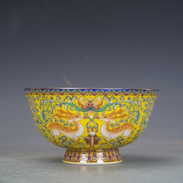Mid 20th Century Enameled 6 Porcelain Bowls With Box – Famille Rose Style Deer & Floral Motif - 7 pcs For Sale - Image 17 of 18