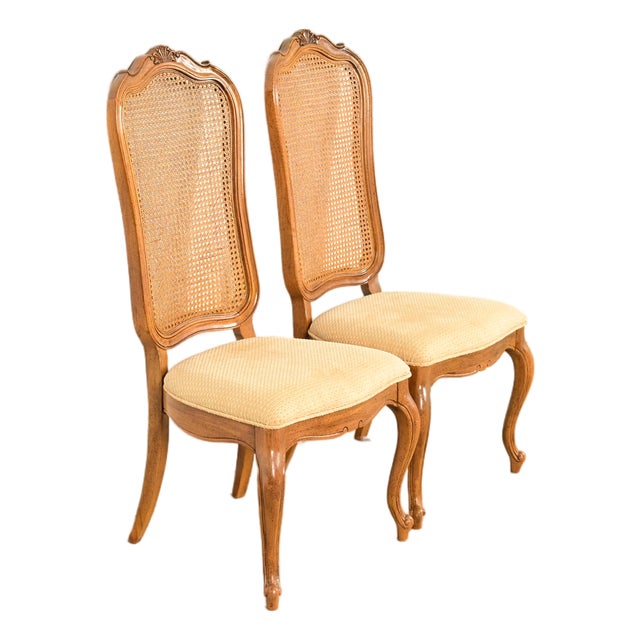Thomasville French Provincial Louis XV Carved Walnut and Cane Back Side Chairs or Dining Chairs, Pair For Sale