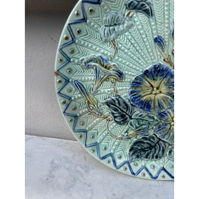 Rustic Large Majolica Morning Glory Plate Wasmuel, Circa 1890 For Sale - Image 3 of 4