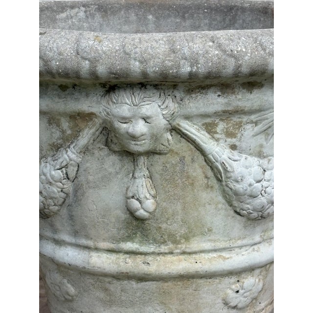 Mid 20th Century Pair of Neoclassical Cast Stone Garden Urns With Mask and Garland Motifs For Sale - Image 6 of 13