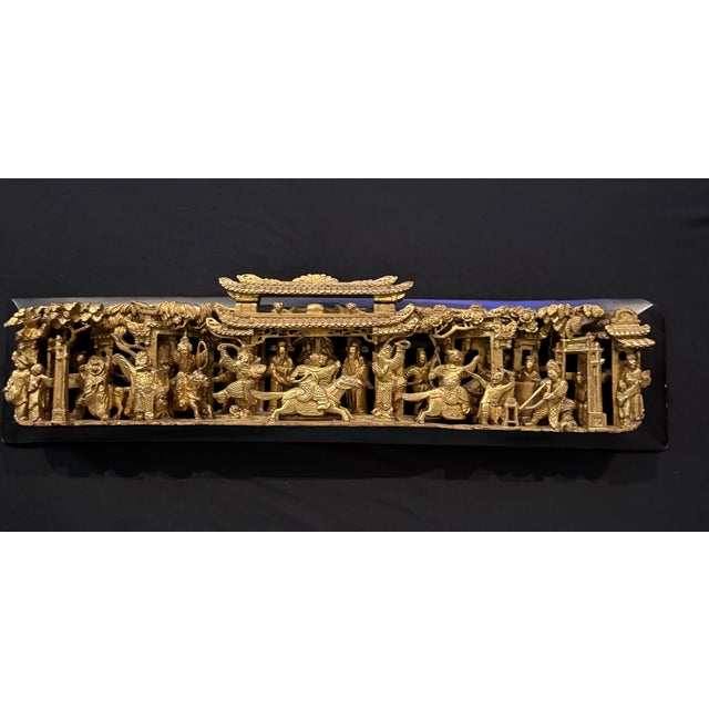 Asian Chinese Gilt Lacquer Carved Wood Panels, Set of 3 - Figural Court Scenes, Qing/Republic Period For Sale - Image 3 of 5