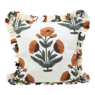 Badshah Block Print Off-White Linen Boho Frill Pillow Cover Handmade Double-Sided 14x20 Inch For Sale