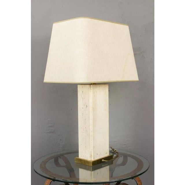 Metal Large French Mid-Century Rectangular Travertine Table Lamp With Brass Base, 1960s For Sale - Image 7 of 12