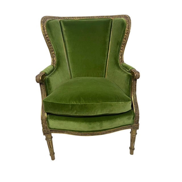 1910s Louis XVI Style Giltwood Carved Bergere Chair With Green Velvet For Sale - Image 10 of 13