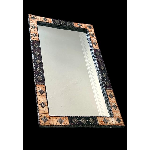 Large Moroccan Rectangular Wall Mirror, Expresso Brown Wood, Orange With Silver Embellishments For Sale - Image 4 of 12