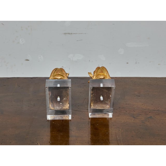 Wood Pair of Baroque Style Giltwood Dolphin Carvings on Lucite Bases, 19th Century For Sale - Image 7 of 7