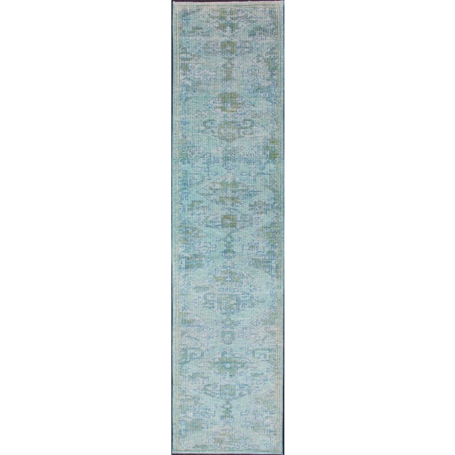 Modern Hand-Knotted Oushak Runner in Wool With All-Over Medallion Design For Sale - Image 12 of 12