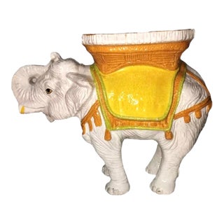 Vintage Palm Beach Regency Italian Glazed Terra Cotta Elephant Garden Stool / Plant Stand / Drinks Table in Citrus Shades of Yellow, Green & Orange For Sale