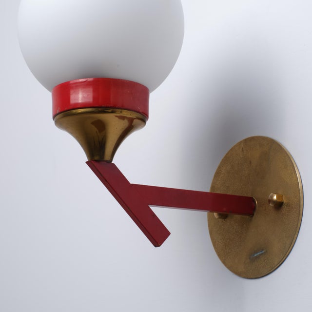 Mid-Century Modern Italian Brass, Red Metal and Opaline Glass Globe Sconces, 1950s, Set of 2 For Sale - Image 3 of 10