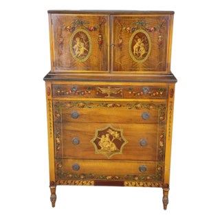Adams Paint Decorated Walnut and Satinwood Fitted Drawer Gentleman;s Dresser For Sale