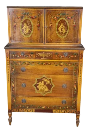 Adams Paint Decorated Walnut and Satinwood Fitted Drawer Gentleman;s Dresser
