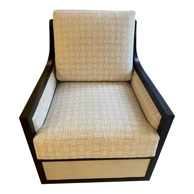 Currey & Company Evie Swivel Lounge Chair in Ivory Faux Shagreen and Mahogany For Sale