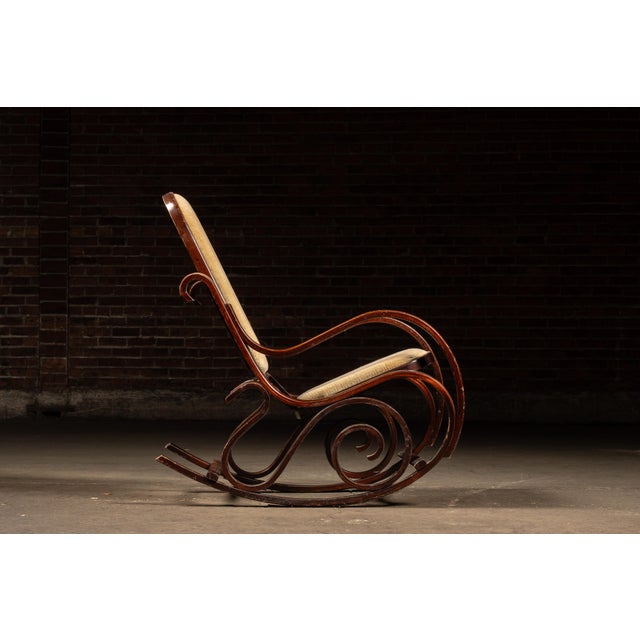 Biedermeier Antique Thonet-Style Bentwood Rocking Chair With With Upholstered Seating For Sale - Image 3 of 13