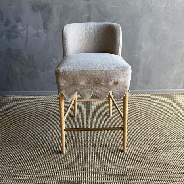 Mid-Century Modern Linen Slip Covered Counter Height Stools With Solid White Oak Legs & Brass Foot For Sale - Image 3 of 9