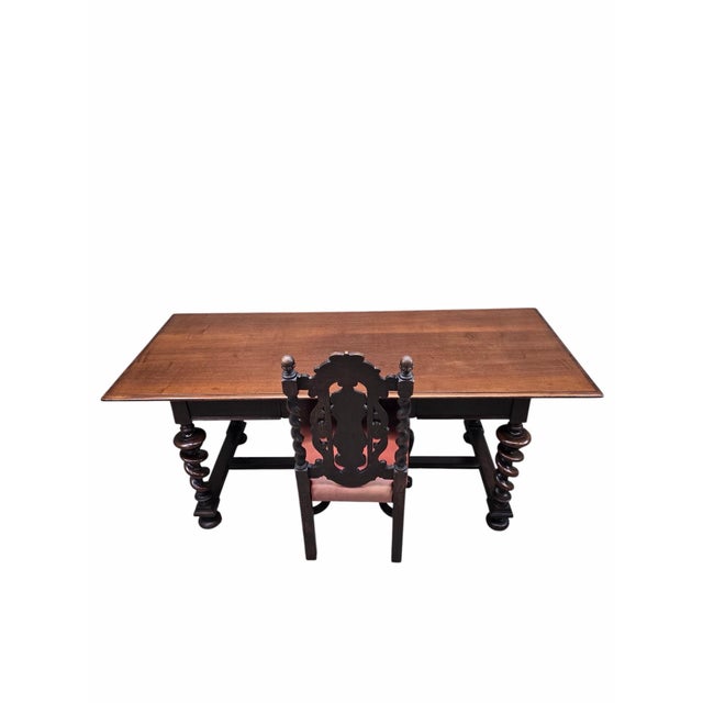 Antique Jacobean Revival Style Mahogany Carved Barley Twist Single Drawer Desk with Carved Barley Twist High Back Chair A...