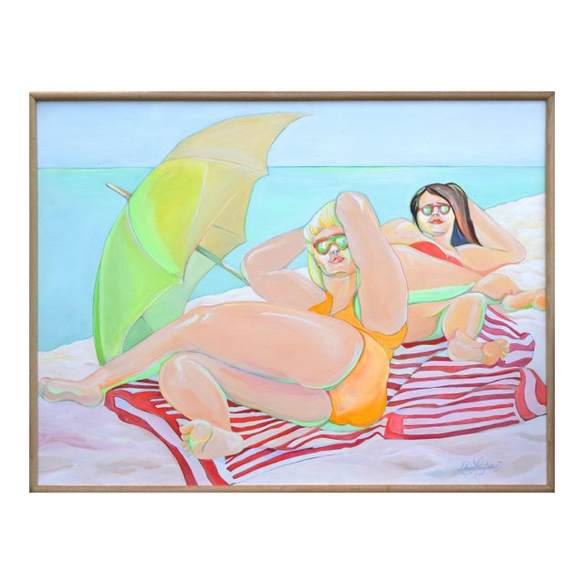 Large Pop Art Modernist Oil Painting of Two Sun Bathers at the Beach For Sale