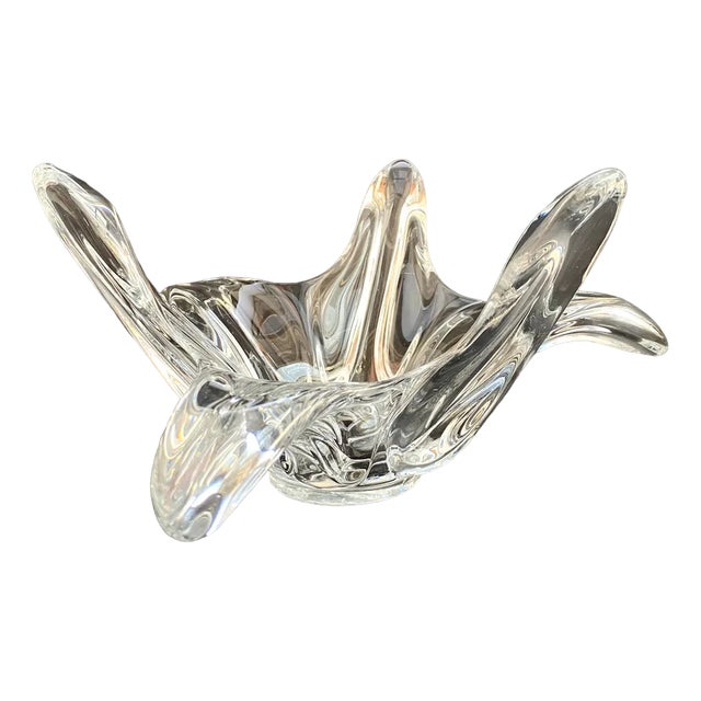 Large French Floral Crystal Glass Shell Bowl by Art Vannes, France, 1960s For Sale