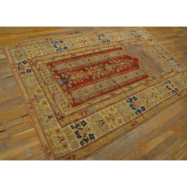 1750s Red Muslim Prayer Geometric AntiqueTurkish Kula Rug 4' 0" X 6' 4" Knotted Wool Carpet For Sale In New York - Image 6 of 12