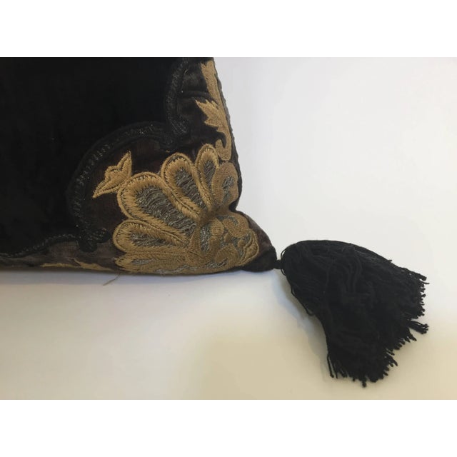 Moroccan Black Silk Decorative Pillow With Gold Metallic Threads and Tassels For Sale In Palm Springs - Image 6 of 10