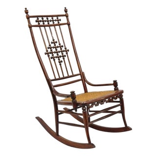 Late 19th Century Victorian Aesthetic Movement Chestnut Stick & Ball Spindle Rocker Rocking Chair For Sale