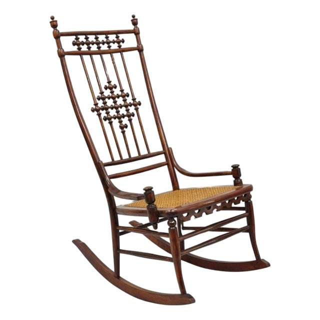 Late 19th Century Victorian Aesthetic Movement Chestnut Stick & Ball Spindle Rocker Rocking Chair For Sale