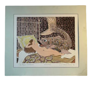 Mid 20th Century "The Magical Bedchamber" Surrealist Interior Scene Hand-Colored Signed Etching by Curt Frankenstein