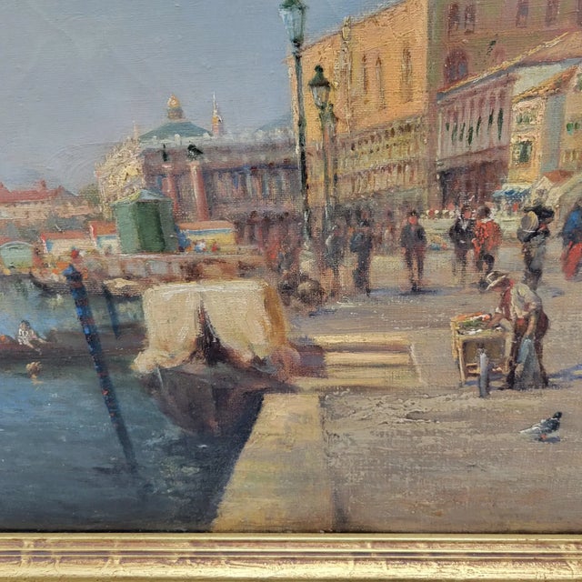 Wood Large Antique Venice Piazza San Marco Oil Painting by Nicholas Briganti in Gilt Frame For Sale - Image 7 of 8
