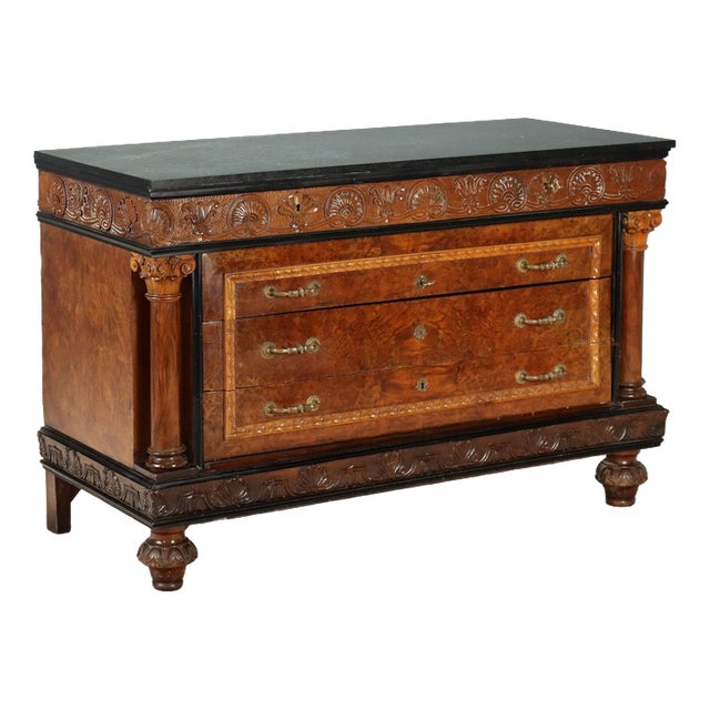 Walnut and Burl Chest of Drawers with Marble Top For Sale