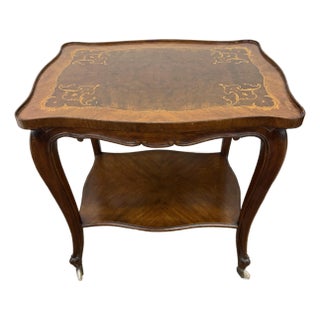 Antique Italian Marquetry Inlay Two Tiered Bar Cart Tea Table For Sale
