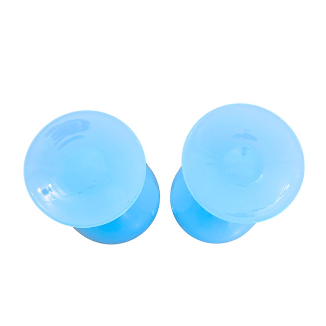 French Art Deco Light Turquoise Hand-Blown Opaline Glass Vases, 1920s, Set of 2 For Sale - Image 4 of 6